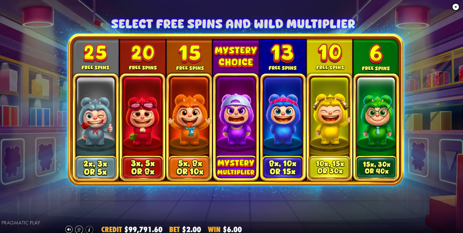 The Free Spins selection screen in Furry Bonanza Megaways, displaying all seven options from high spins/low multipliers to low spins/high multipliers, representing the game's core strategic decision.