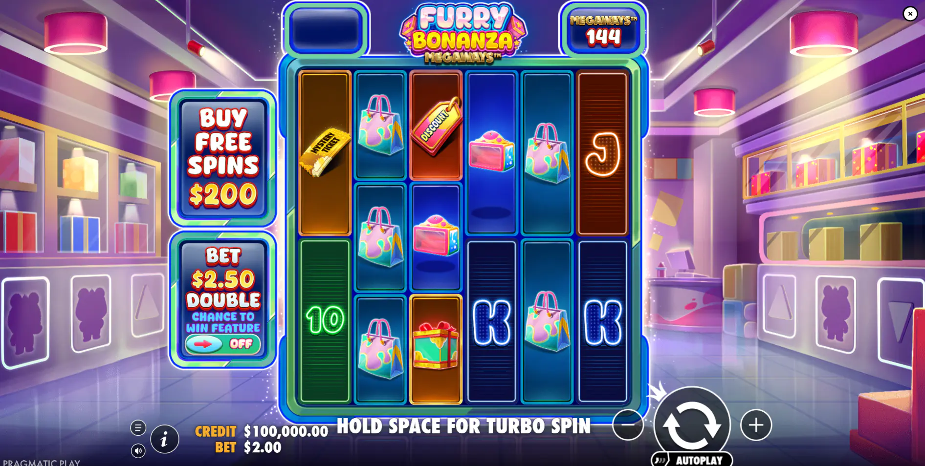 The main game grid of Furry Bonanza Megaways, showing the user interface with the Ante Bet and Buy Free Spins options visible, demonstrating the core player choices.