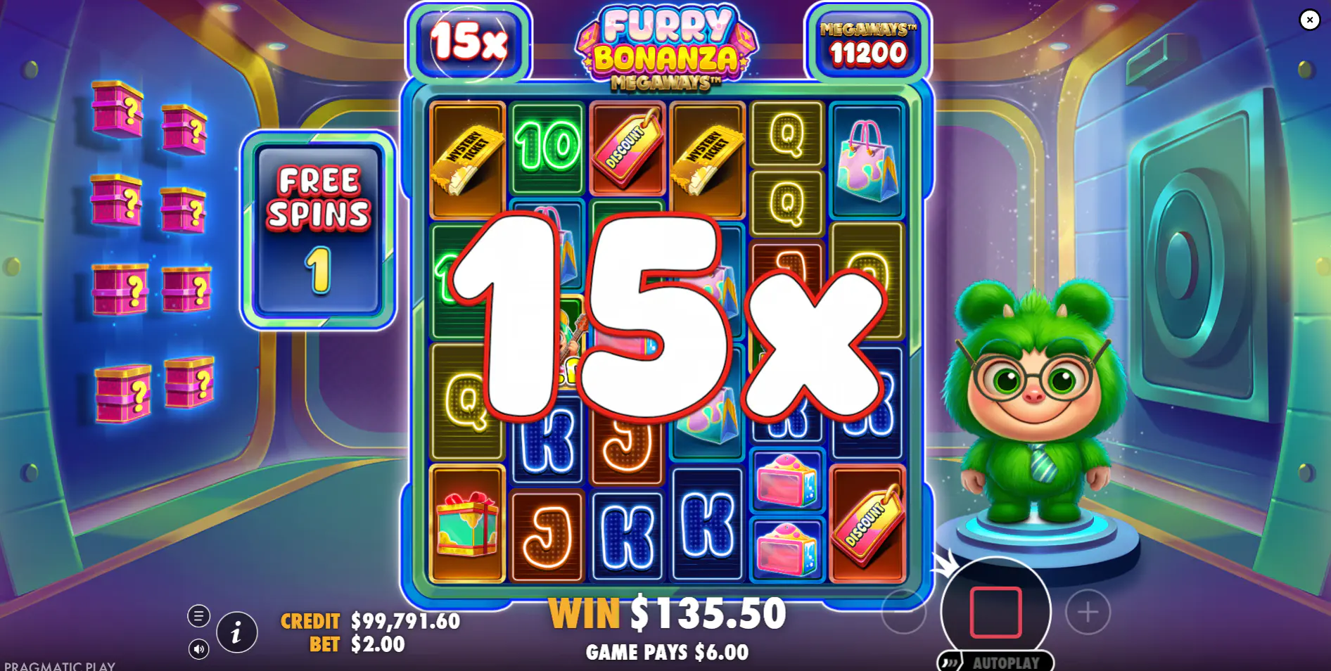 The reels of Furry Bonanza Megaways expanded to a high number of Megaways, 11,200, showing the dynamic grid's potential for creating many winning ways.