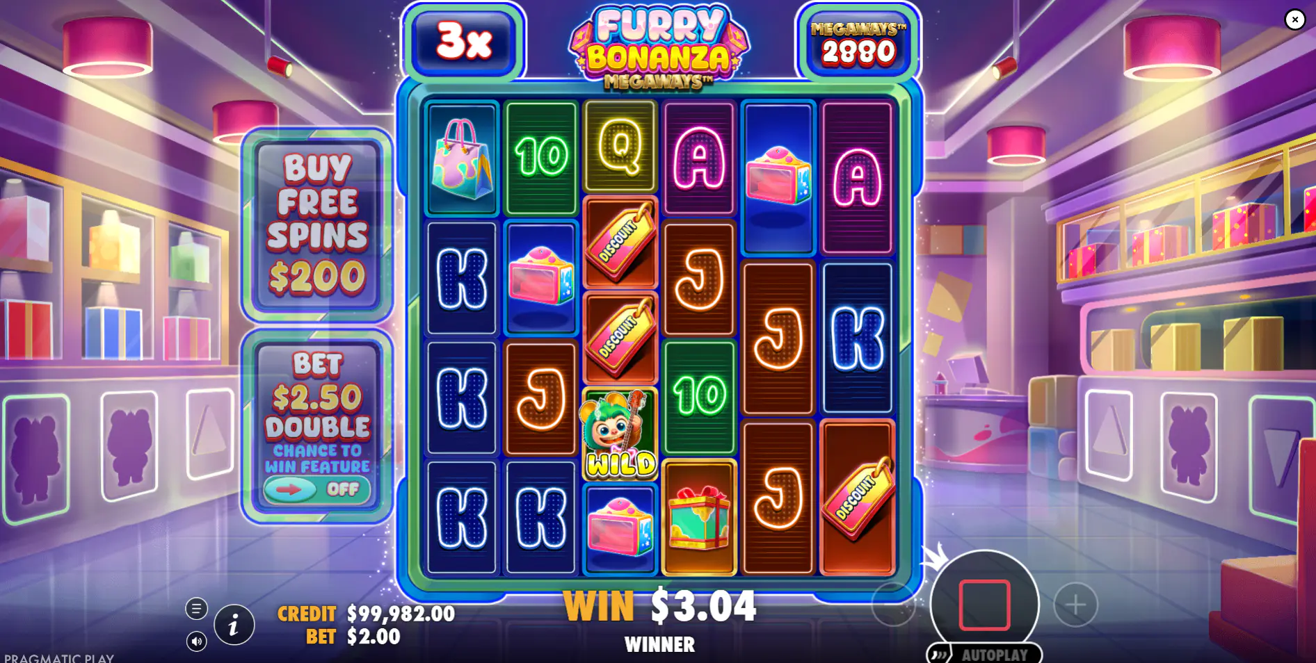 A winning combination in the Furry Bonanza Megaways base game where a Wild symbol has applied a 3x multiplier, highlighting the key to big base game wins.