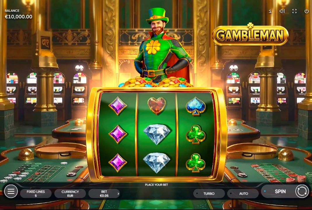 Main gameplay screen of Gambleman slot showing the 3x3 reel grid and the mascot hero which helps players identify the visual style and UI layout.