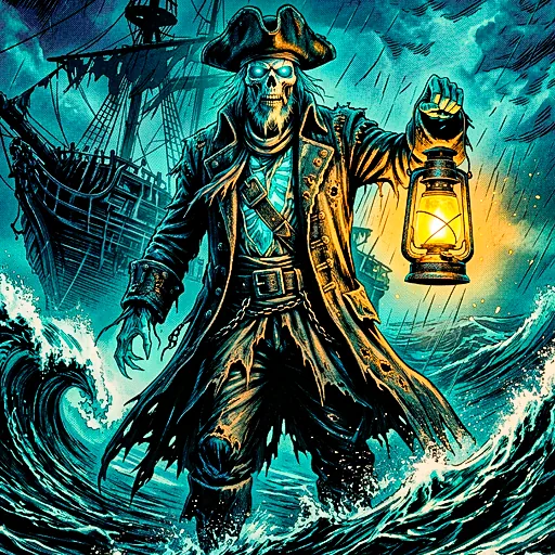 A spectral pirate captain from a ghost-themed slot, set against a stormy sea, highlighting the genre's atmospheric and narrative focus