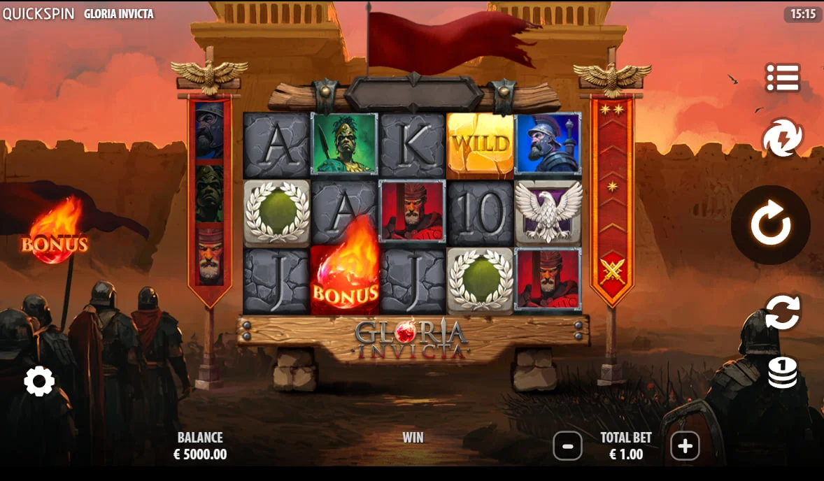 Gloria Invicta 5x3 grid showing Roman and Barbarian symbols during the base game battle for line wins.