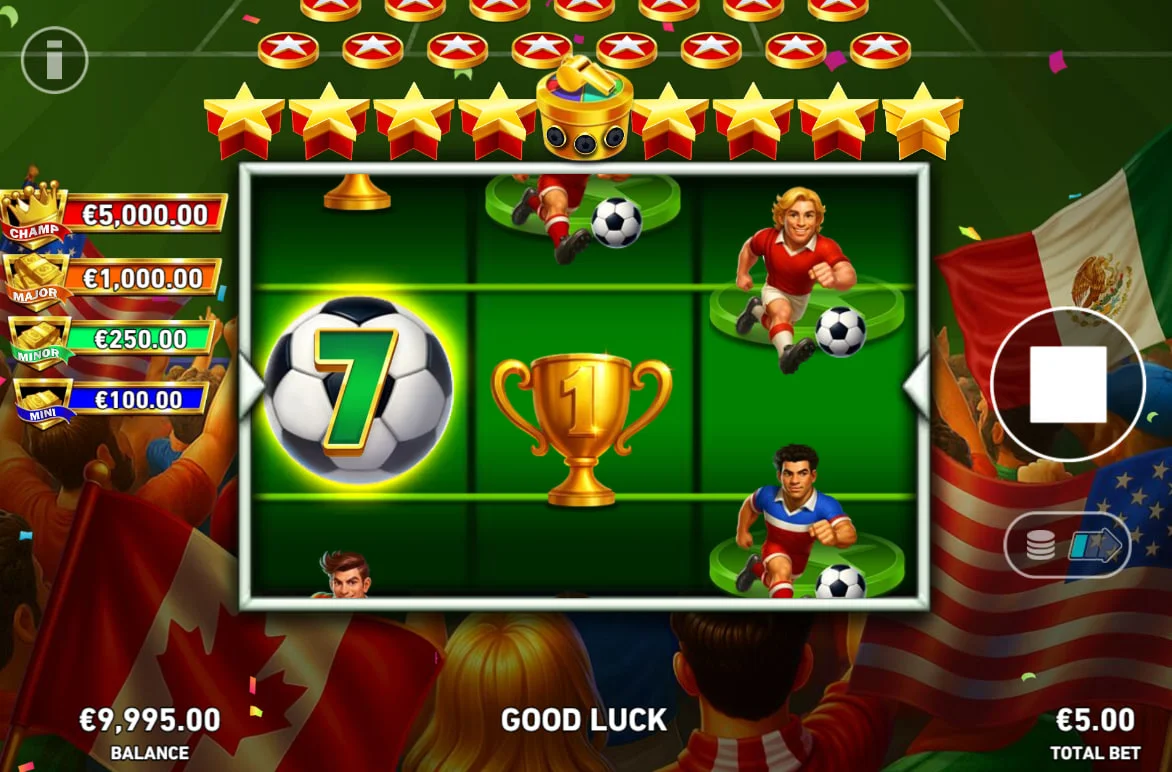 Main game screen of Goal Goal Goal: Pachin-Goal slot showing a 3x3 football-themed reel set with a $5,000 jackpot prominently displayed.