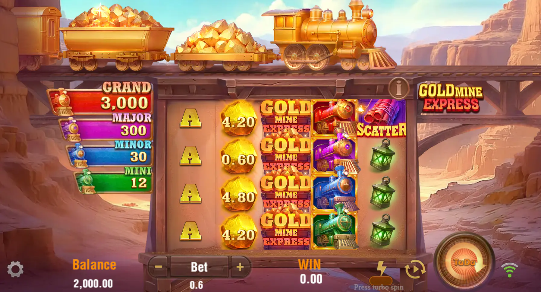 The main 5x4 game grid of Gold Mine Express slot, showing the four fixed jackpot values on the left and the gold-mining theme in the background.