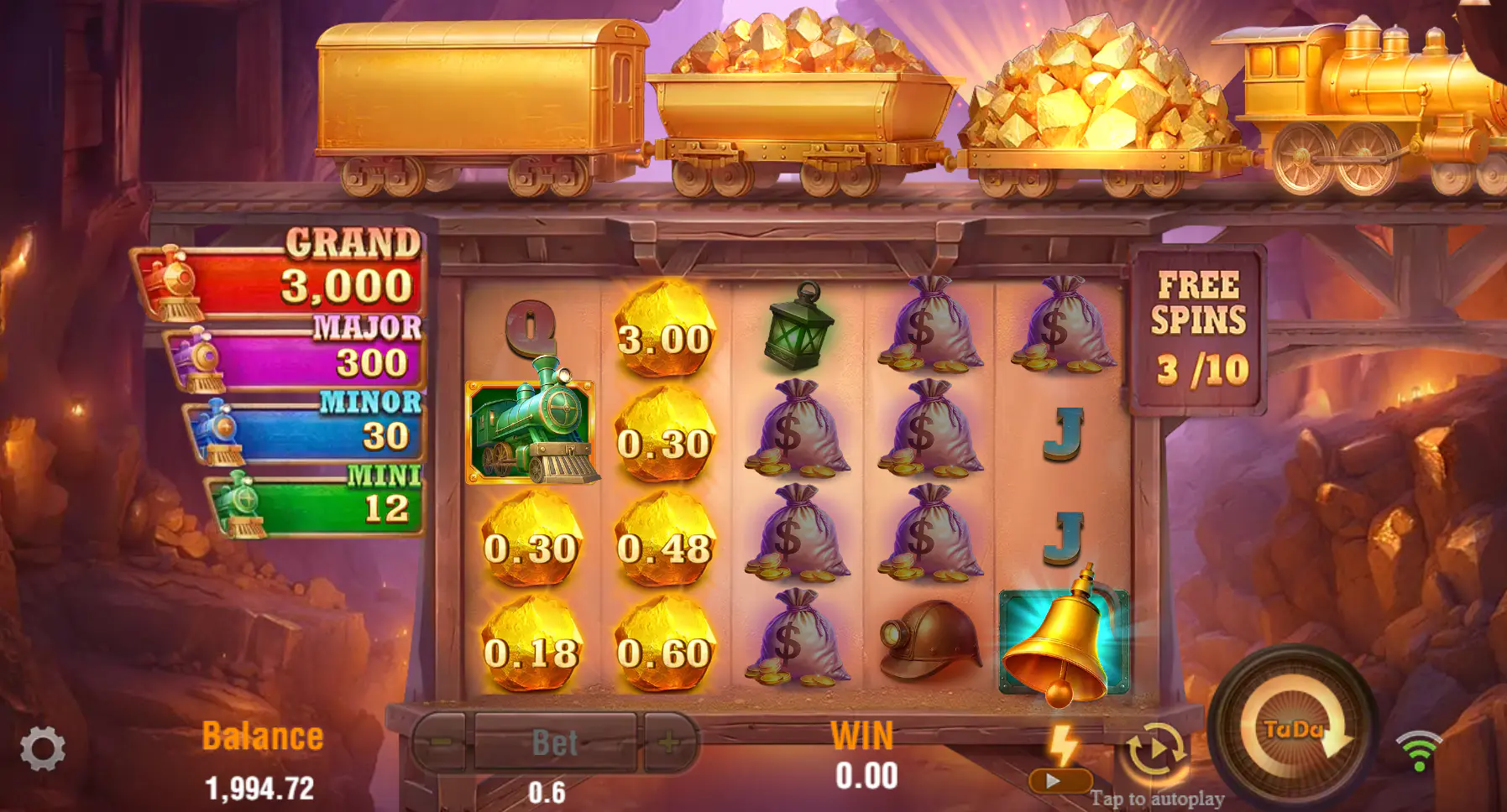 The Train Feature is triggered in Gold Mine Express, with a Golden Train collector symbol on reel 5 aligning with other train symbols to start the bonus.