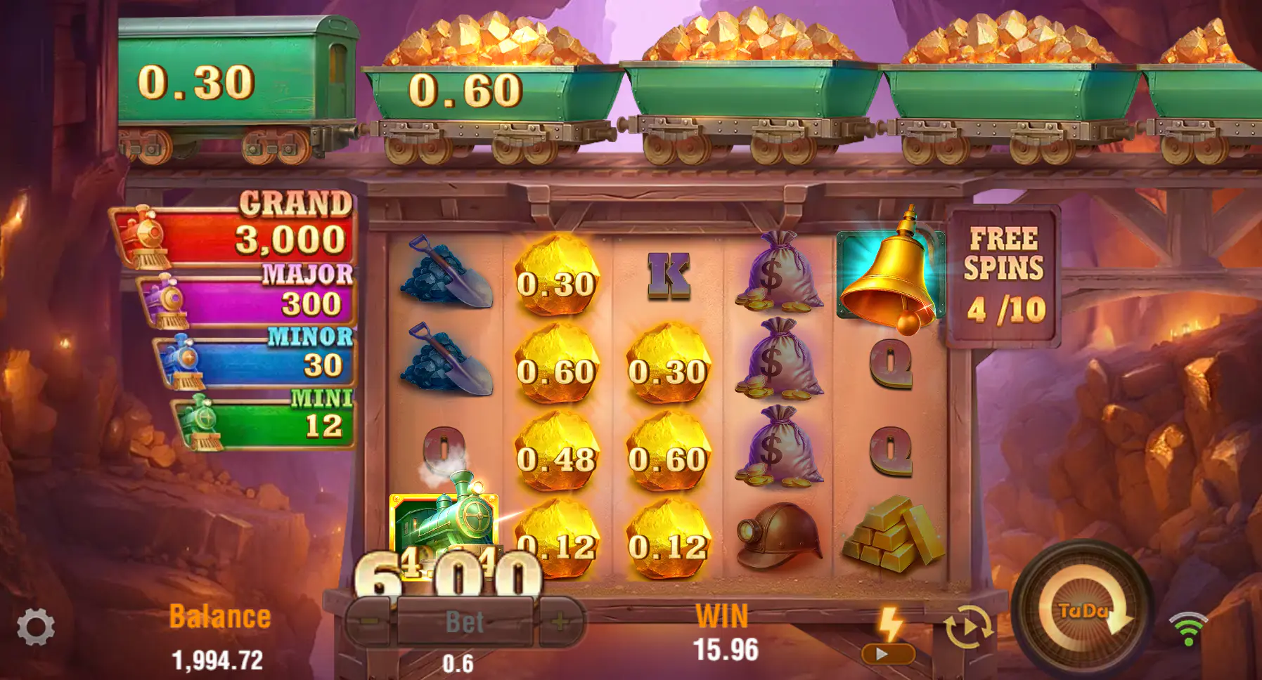 The animated Train Feature in action, with train carriages displaying collected cash values as they move across the top of the reels.