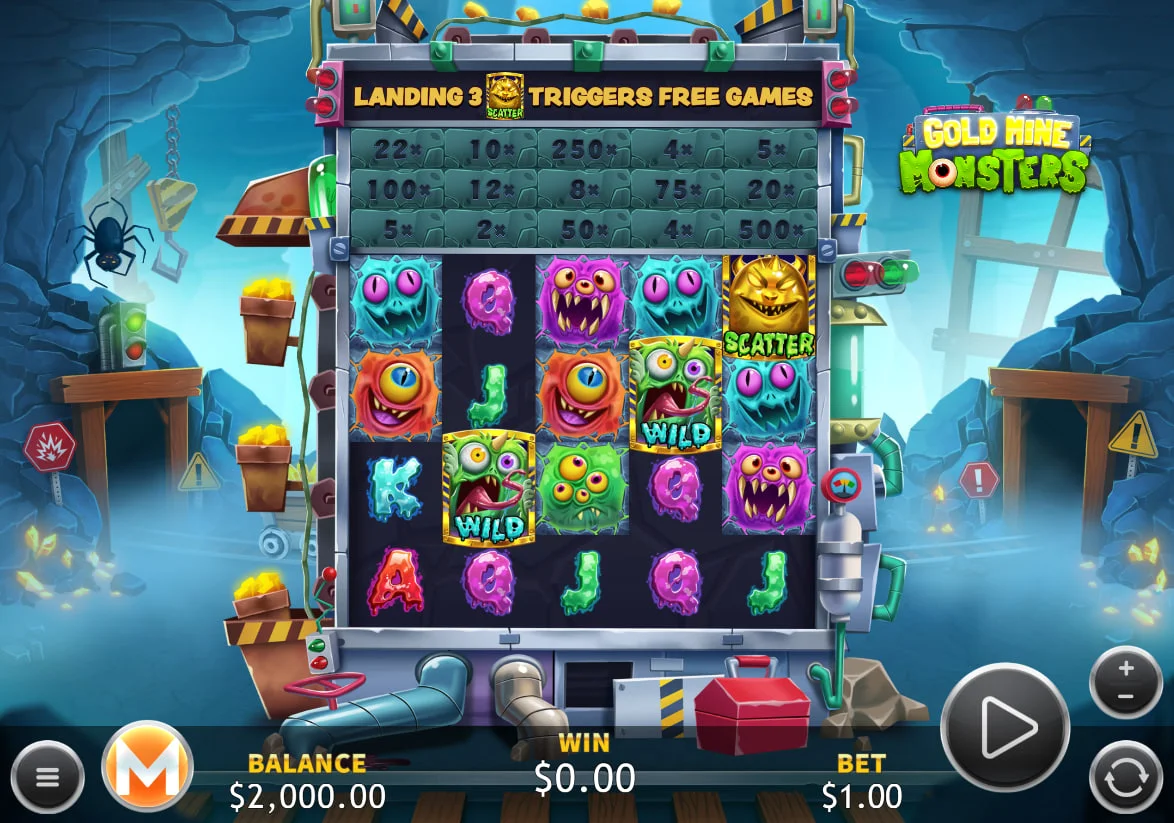 5x4 grid of Gold Mine Monsters slot with active monster symbols and a highlighted top multiplier reel during a winning cascade.