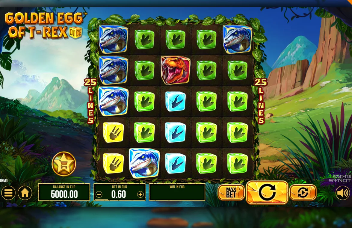 Main gameplay screen of Golden Egg of T-Rex Dice slot showing colored dice with footprints on a 5x4 grid, highlighting the prehistoric visual theme.