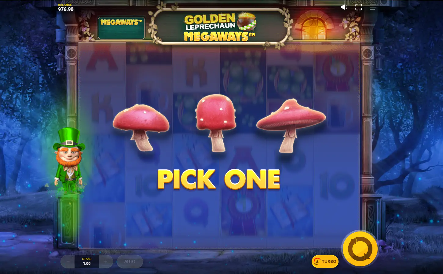 Three mushroom bonus pick screen in Golden Leprechaun Megaways, shown during feature selection, important because the chosen modifier shapes the next outcome