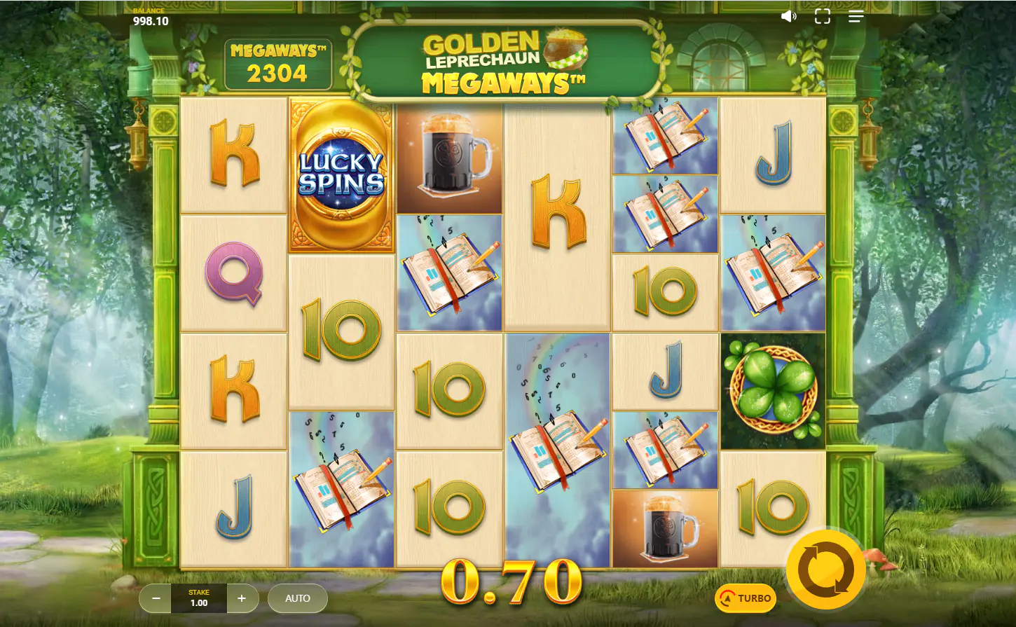 Golden Leprechaun Megaways main game screen in the forest setting, showing the reel layout and symbols, important for understanding the base game interface