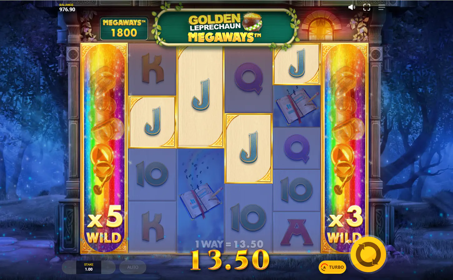 Wild Stacks feature in Golden Leprechaun Megaways with full wild reels active, important because it shows the slot’s strongest base modifier in action