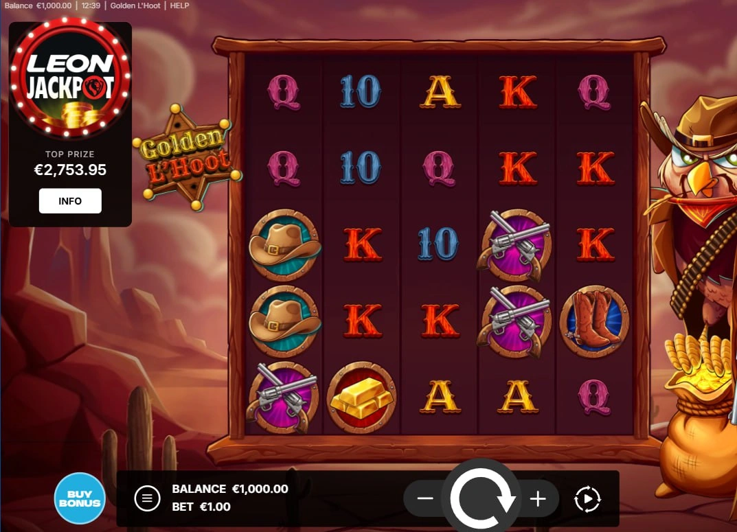 Golden L'Hoot slot 5x5 grid interface showing Wild West symbols like pistols and hats on a desert background for gameplay visualization.