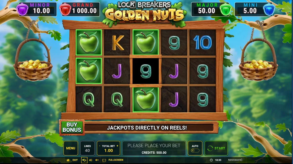 Main 5x3 reel grid of Lock Breakers – Golden Nuts slot showing fruit symbols and jackpot displays to help players understand the layout.