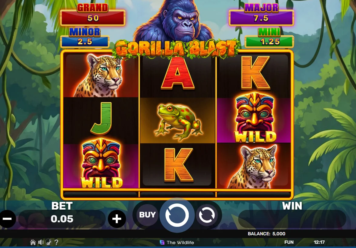 3x3 grid of Gorilla Blast slot featuring leopard and tiki symbols on a jungle background showing jackpot values and the balance.