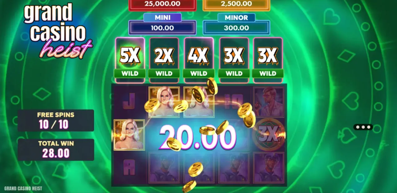 The main game screen of Grand Casino Heist slot showing the 5x3 grid and tropical background, highlighting the starting layout for players.