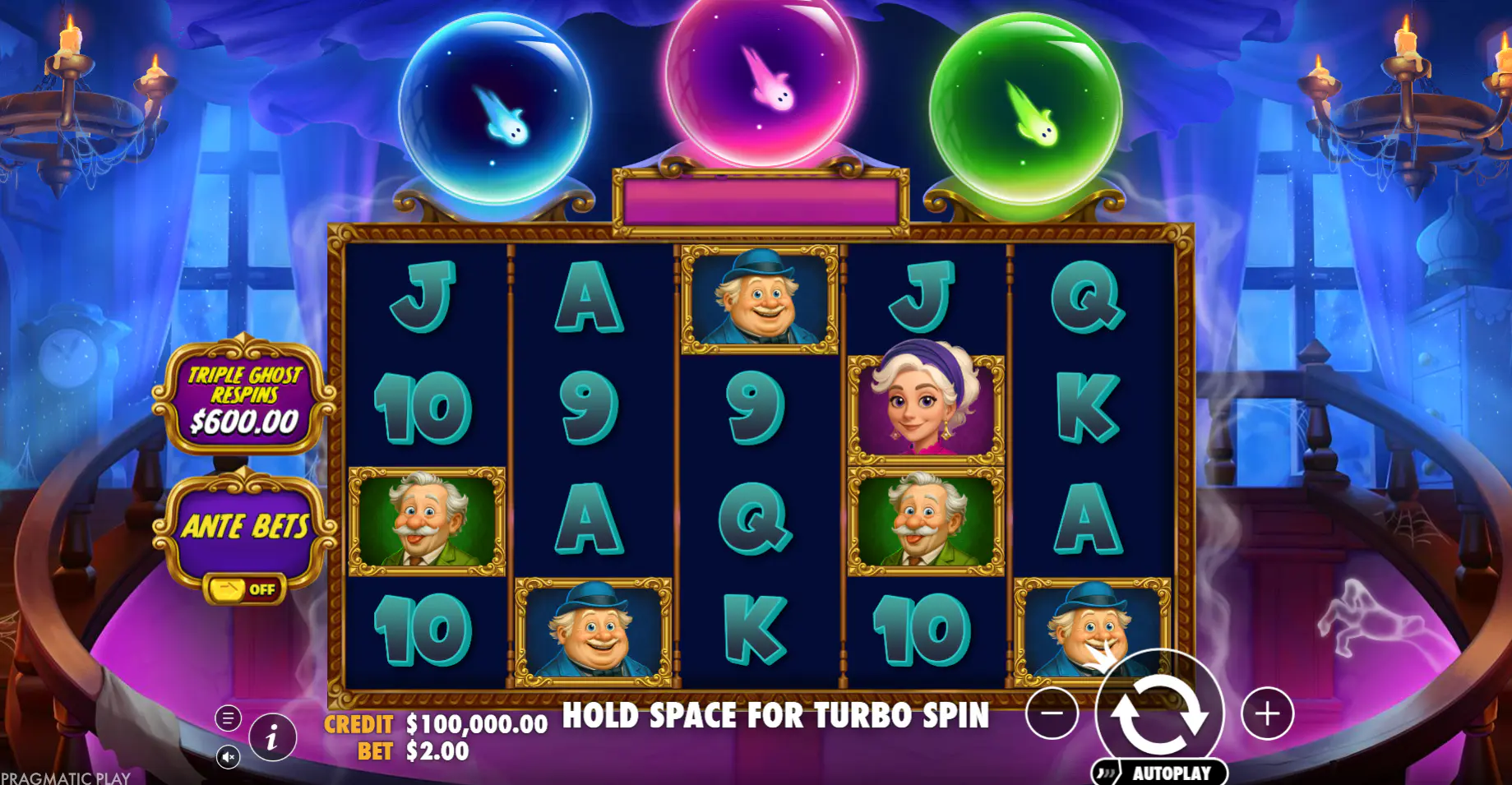 The base game grid of the Great Ghosts! slot, showing the 5 reels, character symbols, and the three ghost collection orbs at the top, illustrating the starting point for players.
