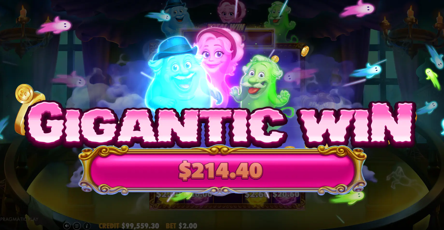 A "Gigantic Win" screen from the Great Ghosts! slot displaying a large payout of $214.40 on a $2.00 bet, demonstrating the game's high win potential.