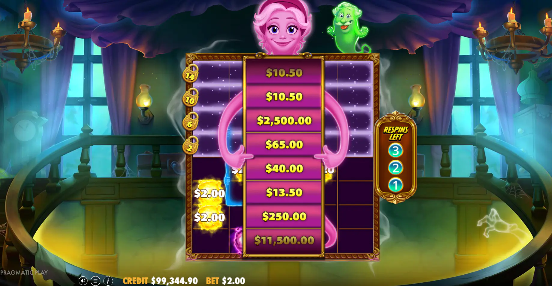 The pink Mystery ghost expanding over the reels in the Great Ghosts! bonus round to reveal multiple high-value cash prizes, showcasing its potential for instant large wins.