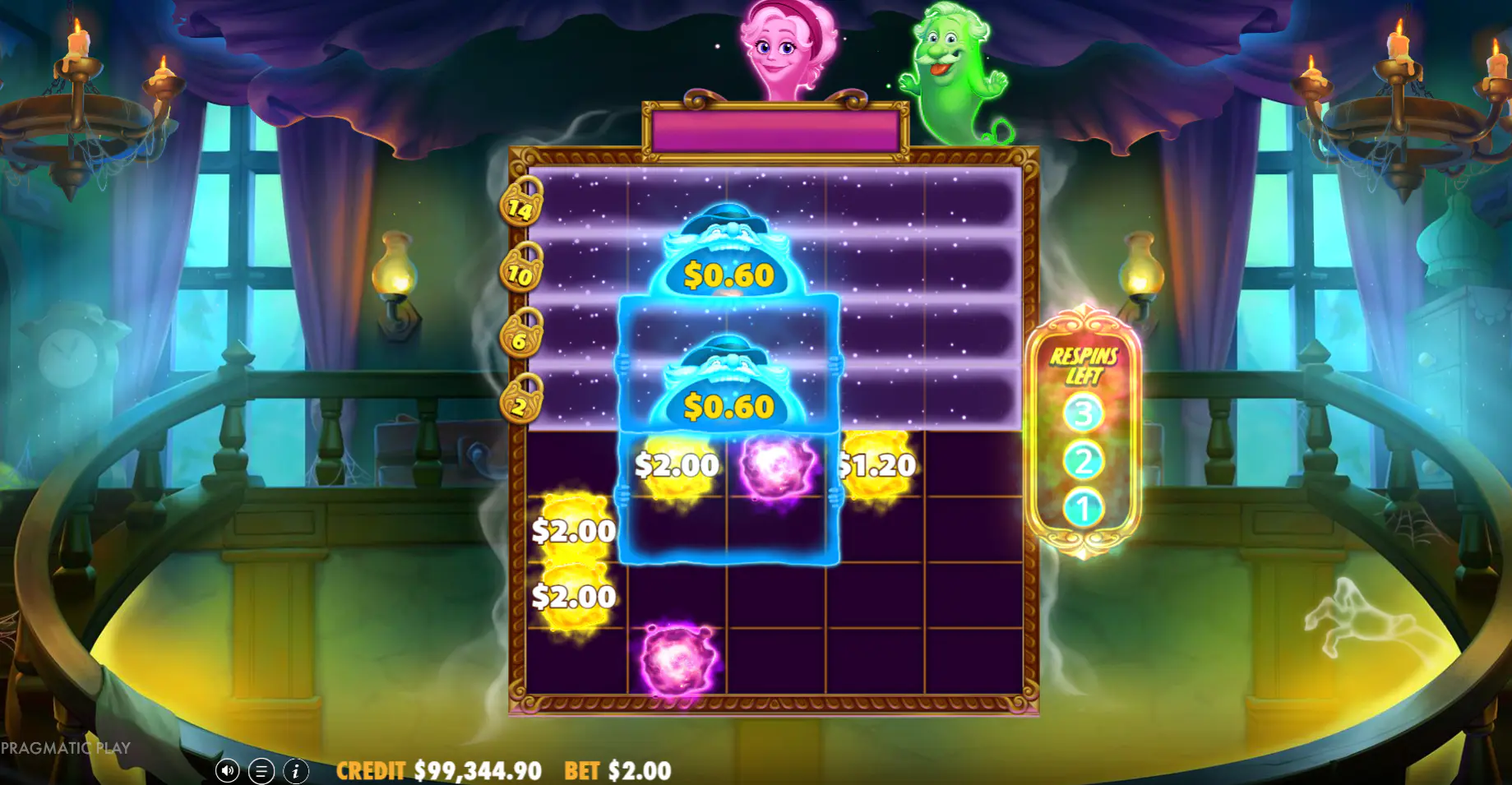 The Ghost Respin bonus round in Great Ghosts! at the beginning, showing the empty 5x4 grid with 3 respins left and markers indicating the rows that can be unlocked.