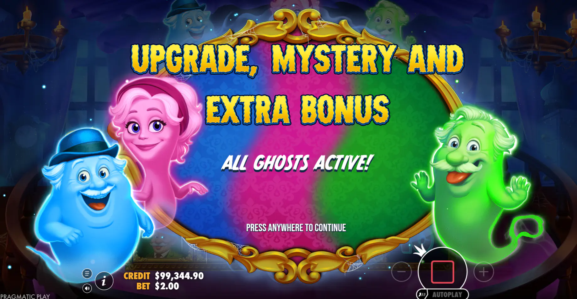 The feature trigger screen for Great Ghosts! displaying the text "Upgrade, Mystery and Extra Bonus" with all three ghosts active, signaling the start of a high-potential round.
