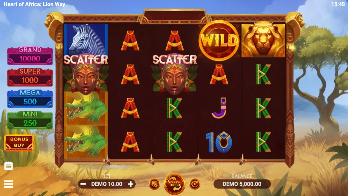 High-value animal symbols and low-tier card icons in the Heart of Africa Lion Way paytable showing 12x max standard payout for players.