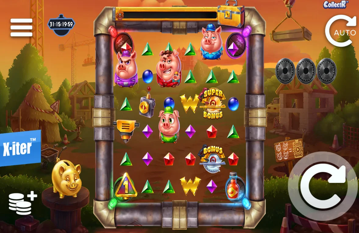 The main game grid of Huff N' Puff CollectR featuring four pig collectors and colored gems, showing the start of a session for the player.