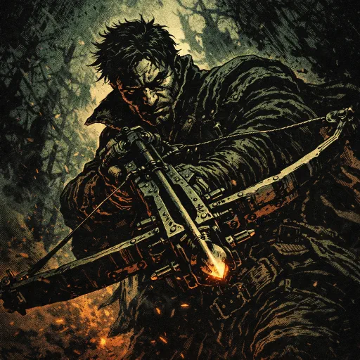 A monster hunter aiming a crossbow in a dark forest, graphic novel style, representing the high-volatility action of hunting slots