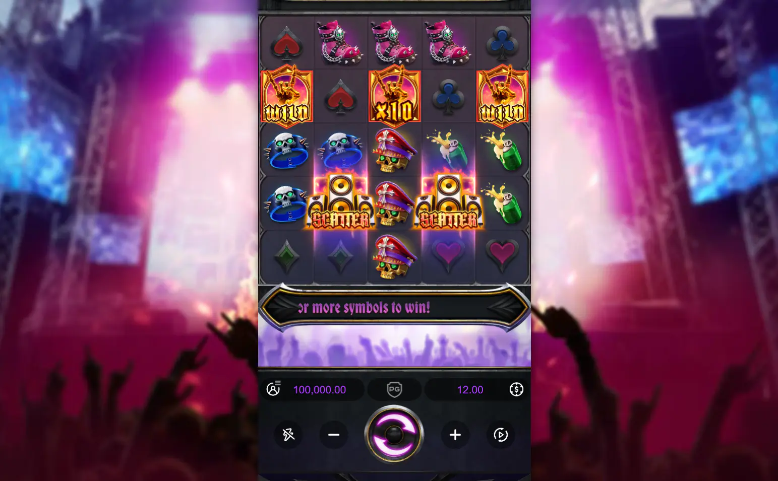 5x5 slot grid showing a golden Wild symbol with a x10 multiplier and two speaker Scatter symbols during the base game