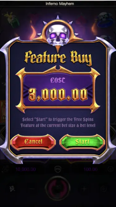 Feature Buy menu interface displaying a cost of 3000.00 to instantly trigger the Free Spins feature