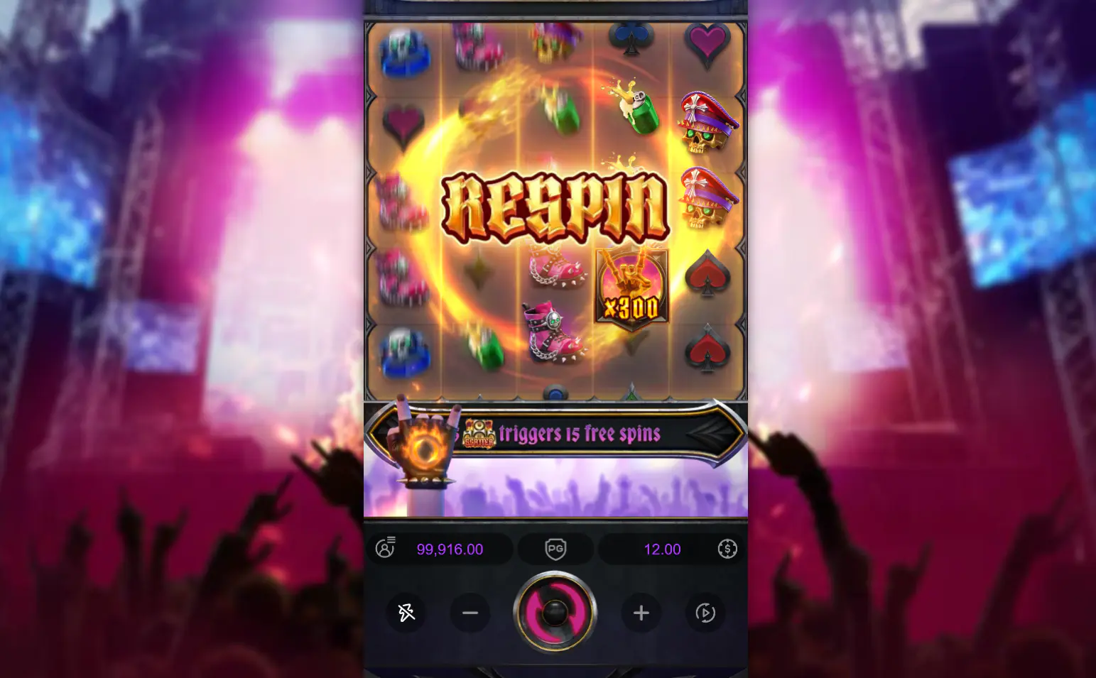 Massive golden Respin text overlay on the reels with a sticky Wild symbol displaying a x300 multiplier