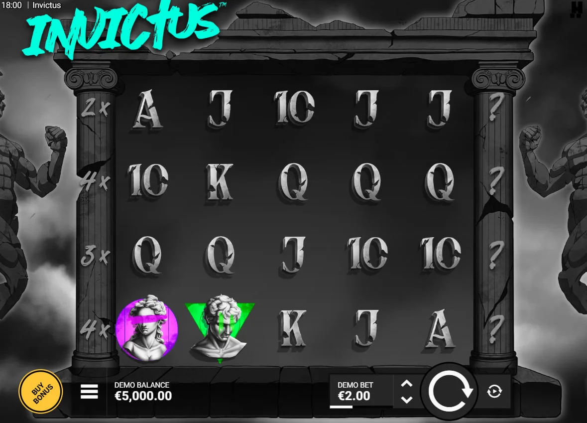 Invictus slot base game grid showing Pantheon multipliers and marble statue symbols for high-value payouts.