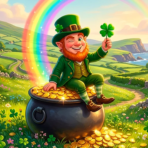 A cheerful leprechaun on a pot of gold at a rainbow's end in an Irish meadow, illustrating the classic luck and fortune of Irish-themed slots.