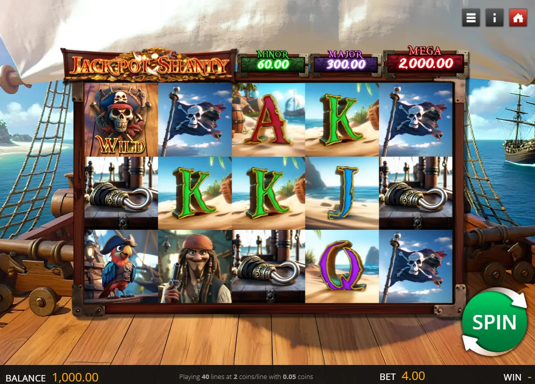 Jackpot Shanty slot main grid featuring pirate symbols and Minor Major Mega jackpot displays for game layout overview