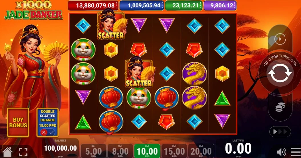 Jade Dancer 1000 main 6x5 grid with Asian symbols and four progressive jackpot meters on top for high-stakes tracking.
