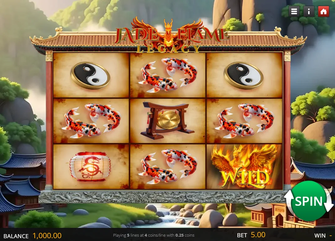 3x3 grid of Jade Flame Legacy slot featuring Koi fish and Yin Yang symbols on an Asian temple background.