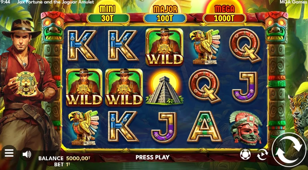 Full 5x3 grid of Jax Fortune and the Jaguar Amulet showing Aztec symbols and three fixed jackpot values above the reels.