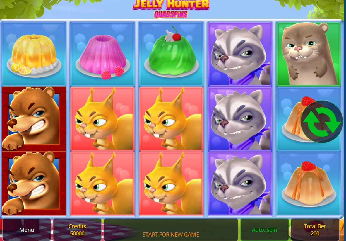 Card Risk gamble screen in Jelly Hunter Quadspins where players choose between red and black to double their last round win.