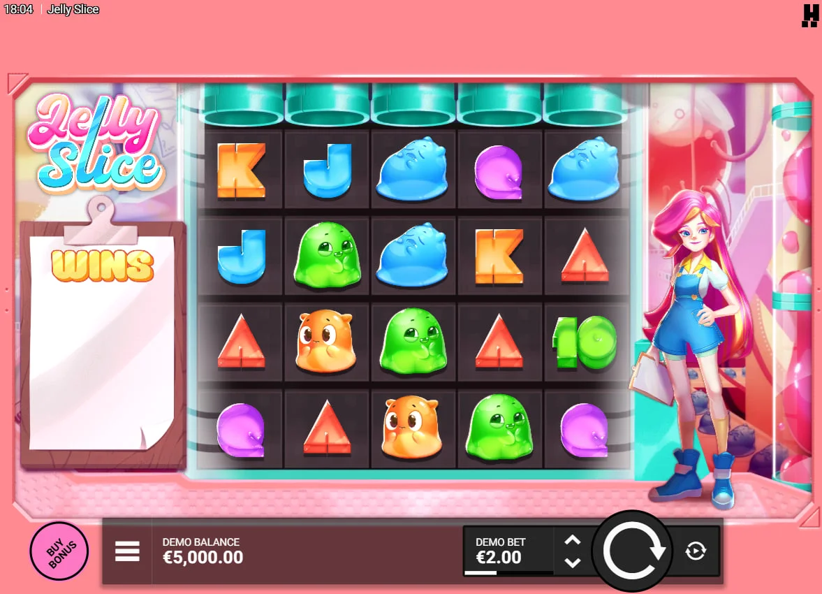 Main game screen of Jelly Slice slot showing the 5x4 grid and pink-haired character which provides visual context for the factory theme.