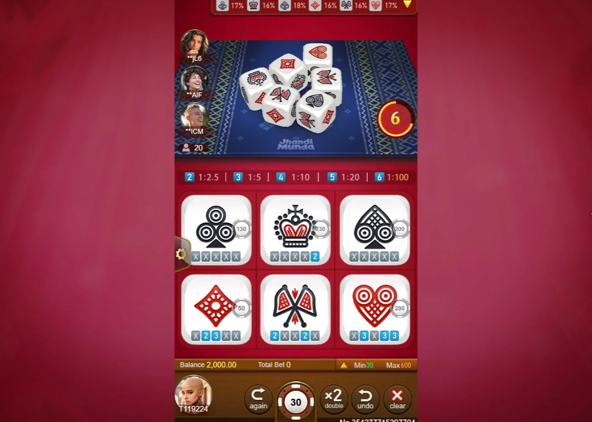 Jhandi Munda main gameplay interface showing betting areas and six dice on a dark blue patterned surface for player strategy.