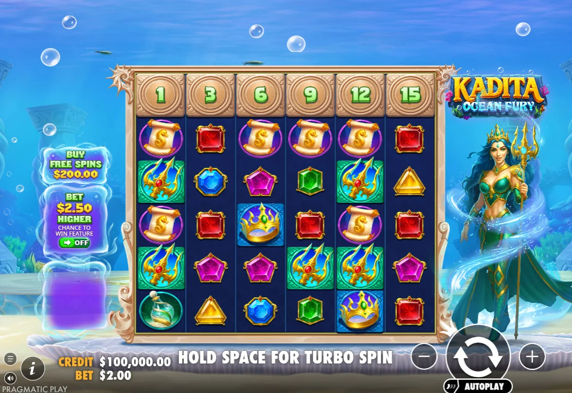 Kadita Ocean Fury 6x5 grid layout with locked top row symbols under the sea goddess figure.