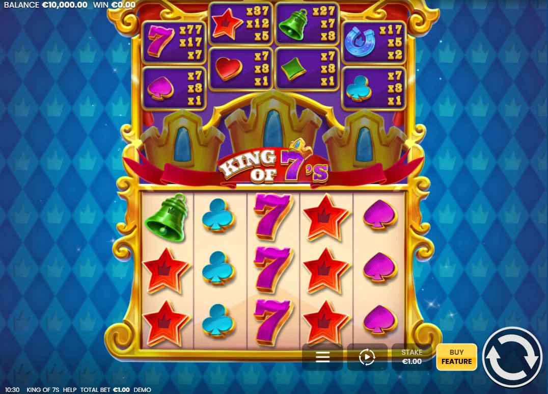 Purple 7s and red stars on the King of 7's slot grid showing high-value symbols for big win potential.