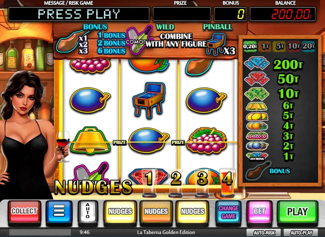 Main game interface of La Taberna Golden Edition showing 3 reels and the bartender, illustrating the start of a session.