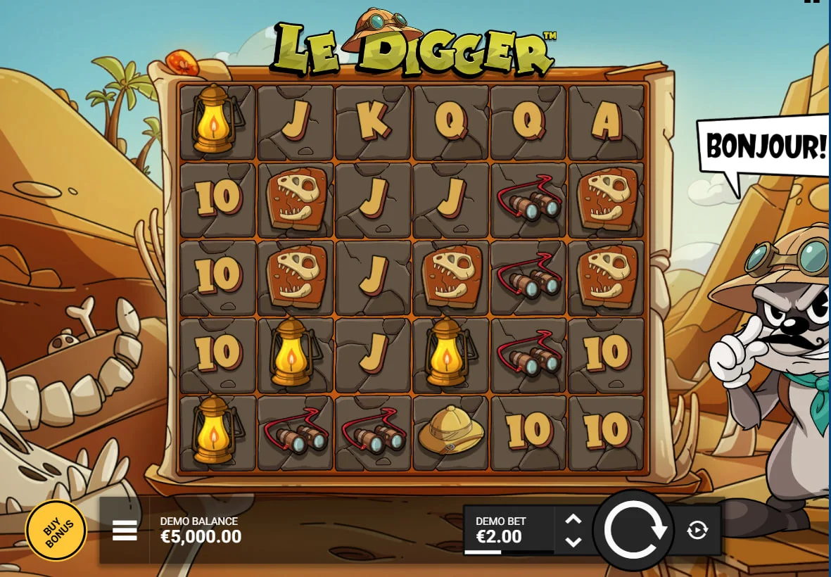 Full 6x5 grid of Le Digger slot featuring Smokey the raccoon at the prehistoric dig site for players to see the starting layout.