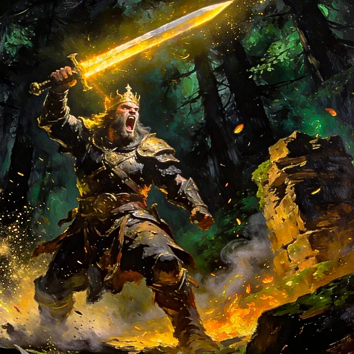 Oil painting of a warrior king raising a glowing sword in a dark forest, illustrating the epic and high-volatility nature of legend-themed slots