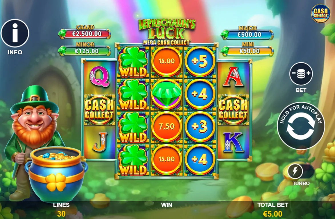 Full view of Leprechaun's Luck Mega Cash Collect slot interface showing the unique reel layout and four jackpot tiers for player orientation.