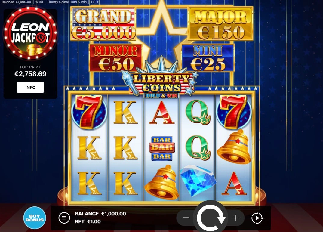Full view of the Liberty Coins slot interface showing the 5x3 reel set and the four fixed jackpot values ranging from Mini to Grand.