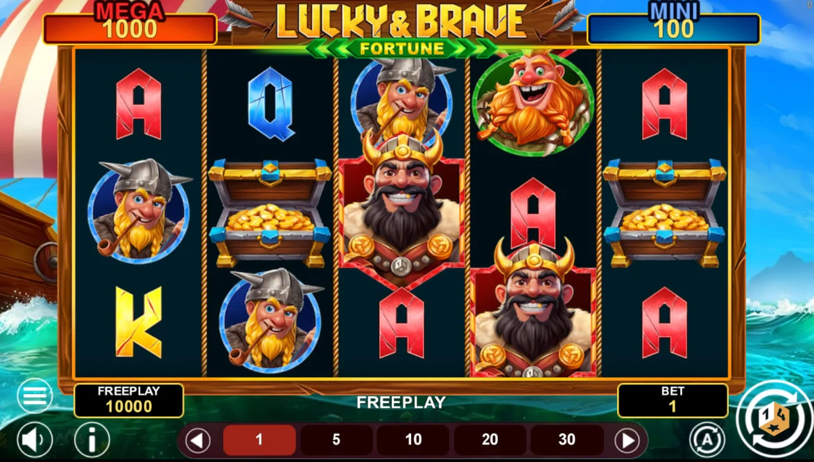 Main game screen of Lucky & Brave Fortune slot showing the 5x3 reels and the 1000x Mega Jackpot display which tracks the highest potential win for the player.
