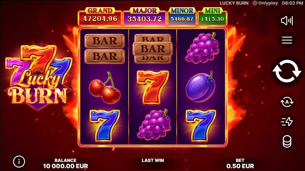 Lucky Burn 3x3 grid with burning fruit symbols and jackpot tickers, showing the core interface for player navigation.
