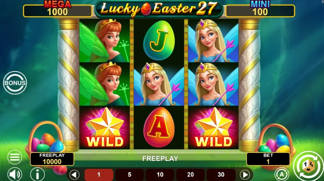 Main 3x3 reel grid of Lucky Easter 27 slot featuring fairy and egg symbols in a lush green forest setting for immersive gameplay.